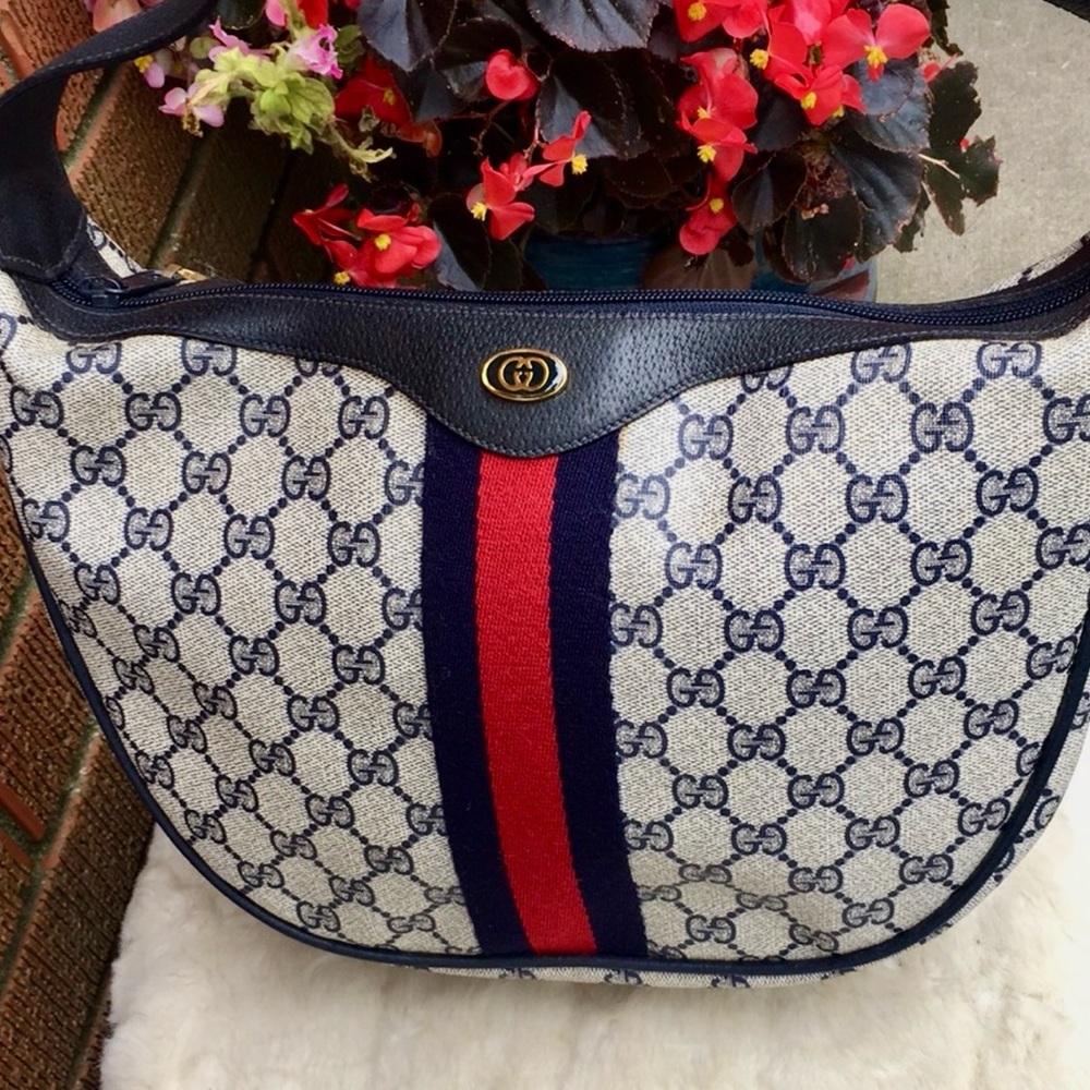 AUTHENTIC GUCCI💓GG OPHIDIA SHERRY LINE GREY NAVY SHOULDER BAG💓SERIAL NUMBERS